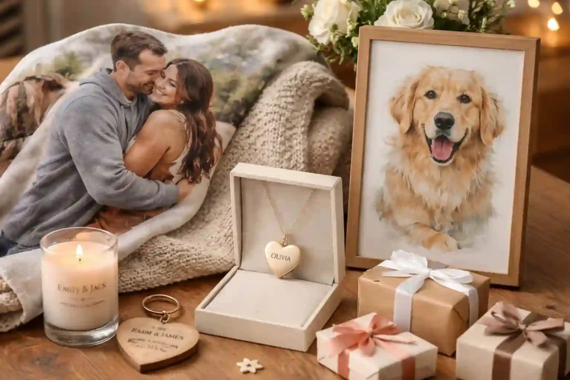 personalized gifts including custom photo blanket engraved necklace pet portrait and personalized candle