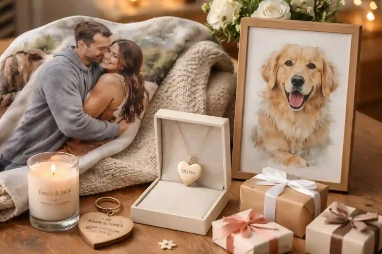 personalized gifts including custom photo blanket engraved necklace pet portrait and personalized candle