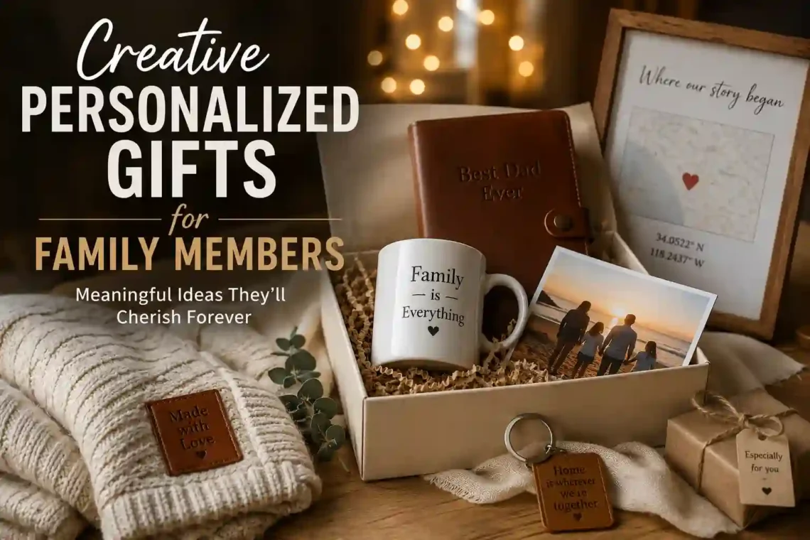 Creative personalized gifts for family members displayed in a cozy home setting with custom mugs, engraved keepsakes, photo memories, and warm decorative lighting